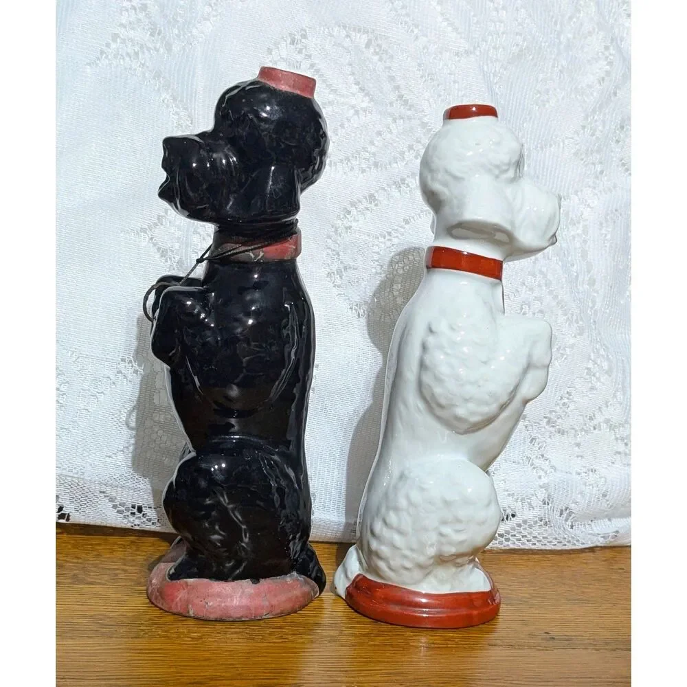 Vintage Garnier France Poodle Decanters Pair Black White Mid Century Barware